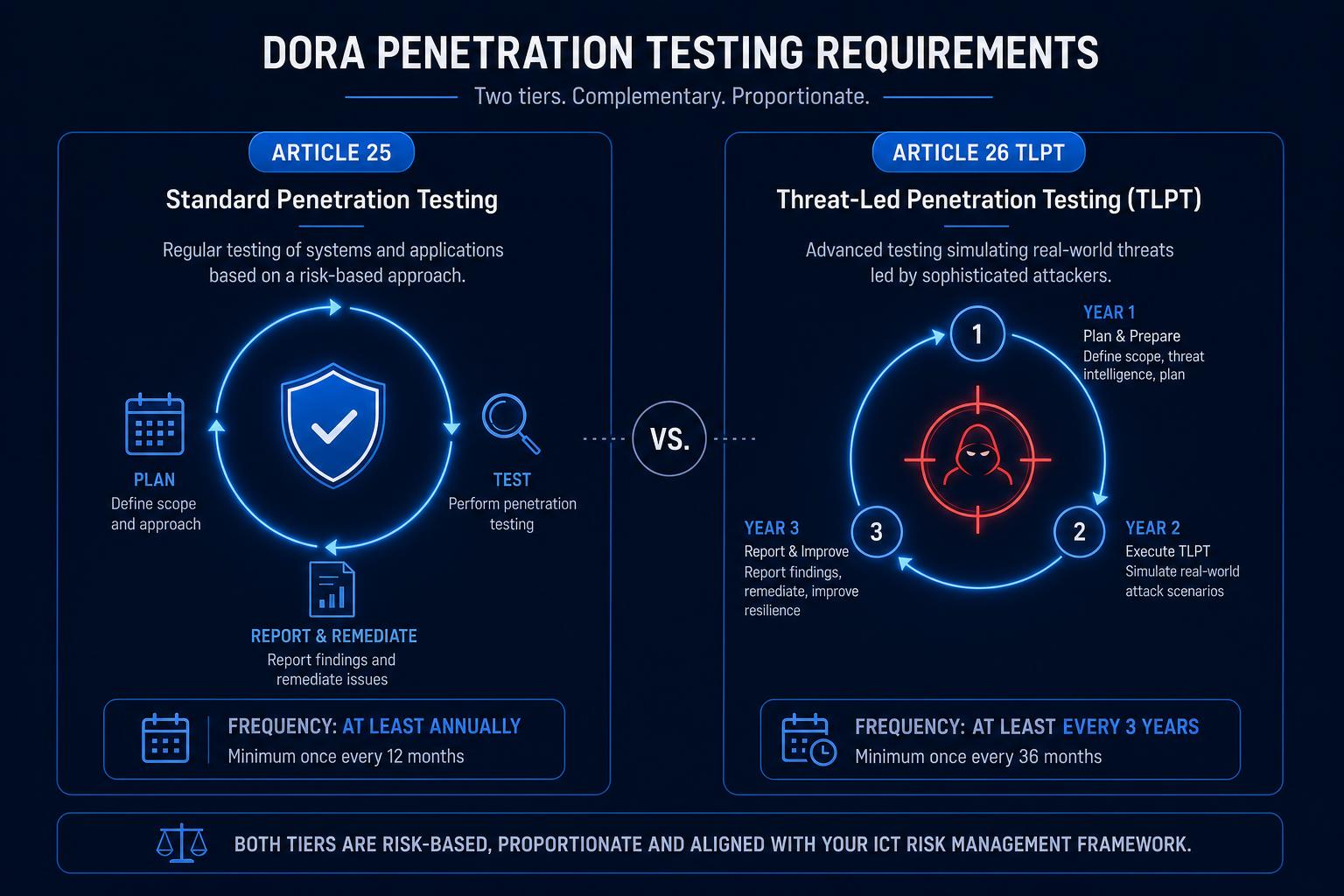 Comparison of DORA Article 25 standard penetration testing and Article 26 threat-led penetration testing (TLPT)