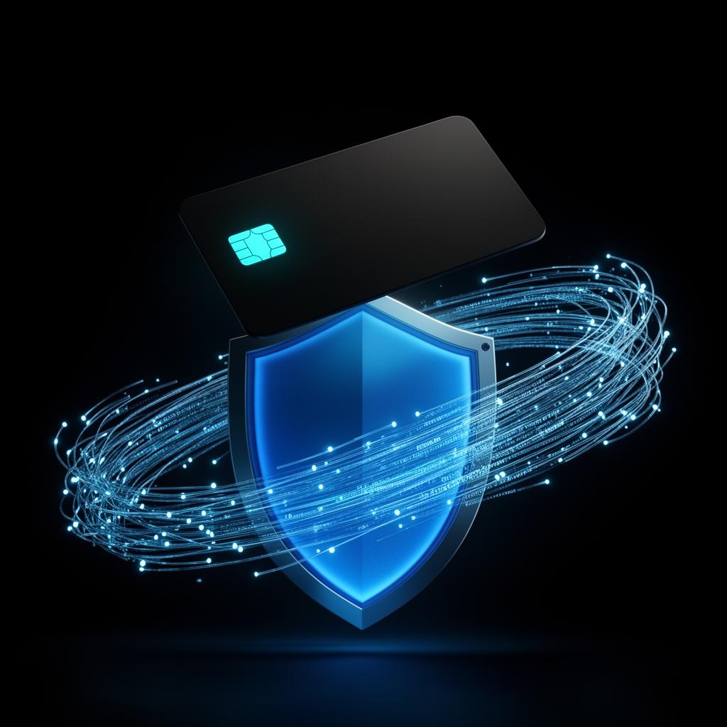 PCI DSS 4.0 credit card breaking into blue data streams over a security shield