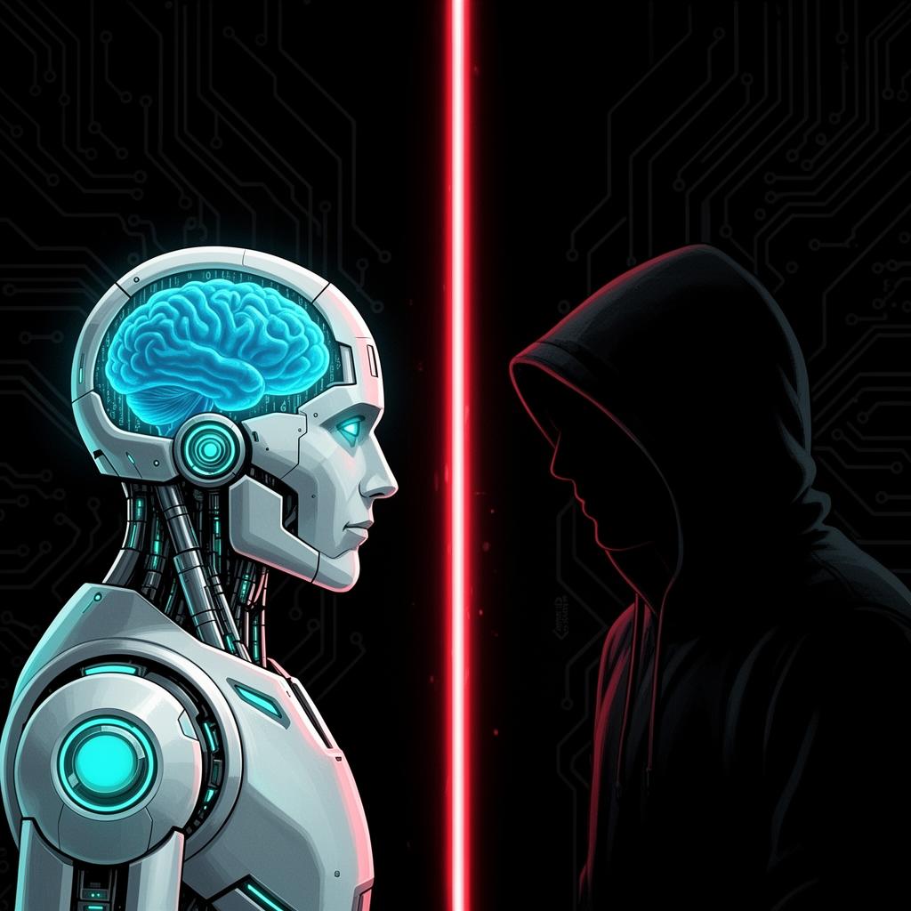 Split-screen comparison of PTaaS AI robot and traditional ethical hacker
